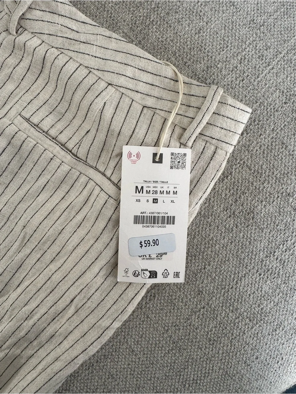 ZARA NWT Striped Linen Blend Wide Leg Trousers in Light Beige/Black Size M